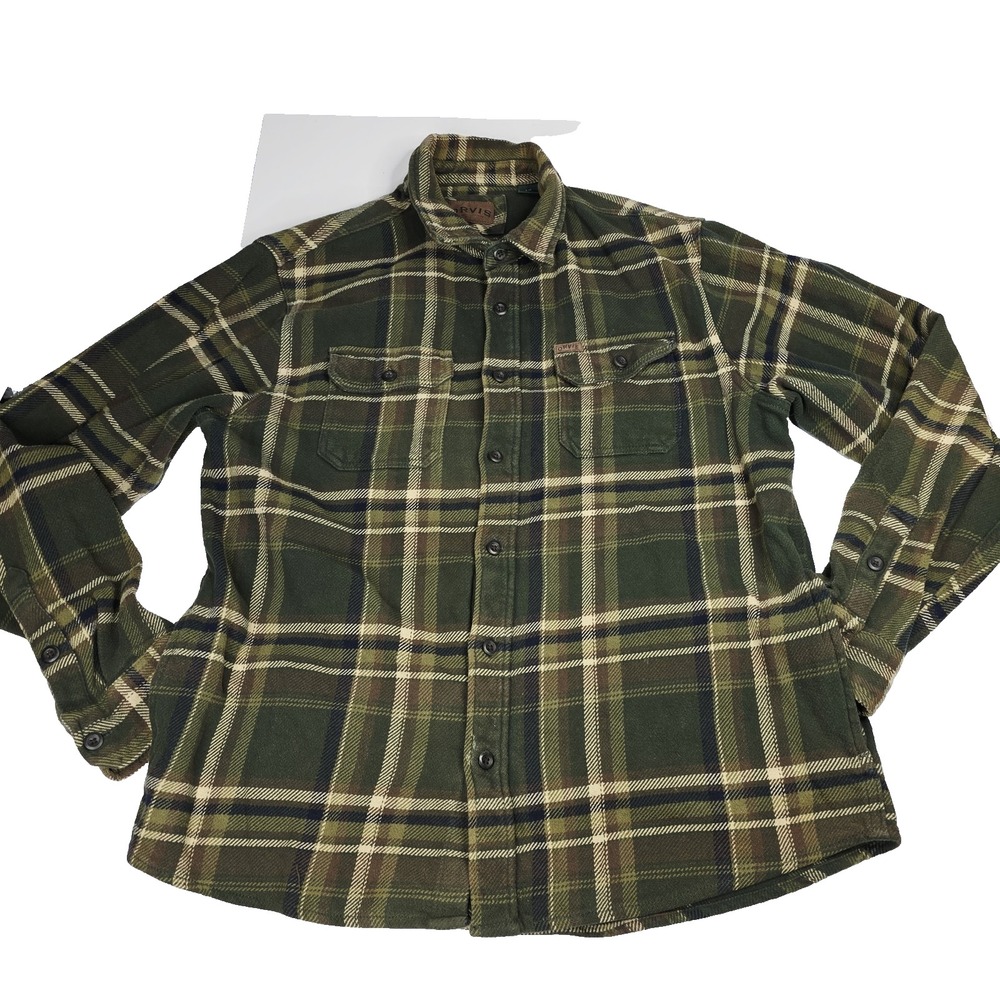 Orvis Shirt Mens Large‎ Green Plaid Flannel Heavyweight Lined Pockets Outdoor